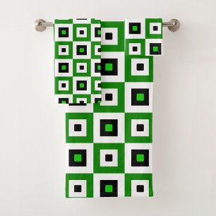 Green Black White Checkered Squares Pattern Bath Towel Set