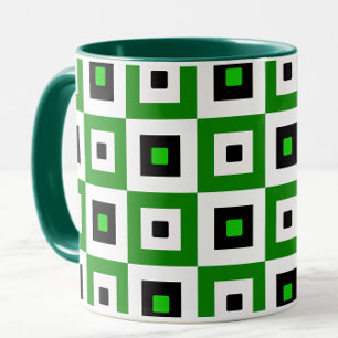 Green Black White Checkered Squares Pattern Mug