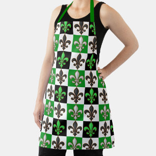 Green Black White Chequered Fleur-de-lis Design Apron