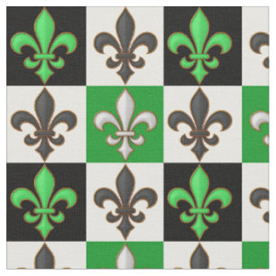 Green Black White Chequered Fleur-de-lis Design Fabric