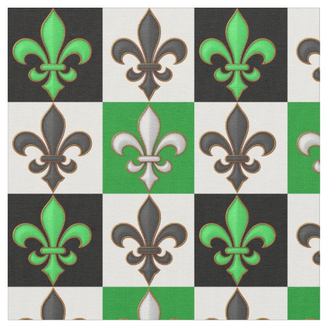 Green Black White Chequered Fleur-de-lis Design  Fabric (Close Up)