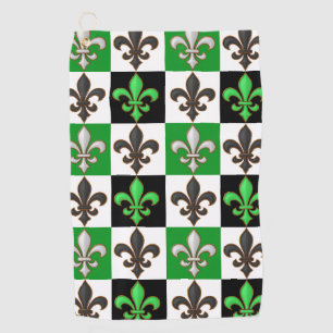 Green Black White Chequered Fleur-de-lis Design Golf Towel