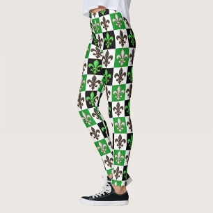 Green Black White Chequered Fleur-de-lis Design Leggings