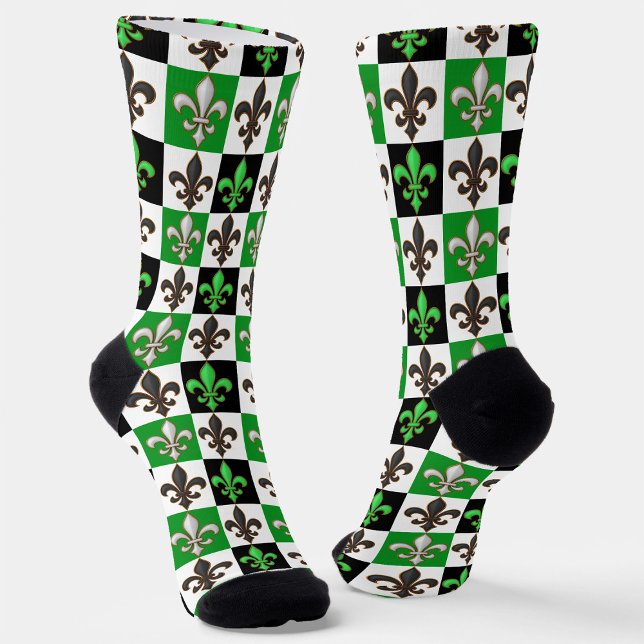 Green Black White Chequered Fleur-de-lis Design  Socks (Creator Uploaded)