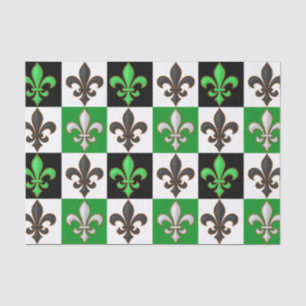 Green Black White Chequered Fleur-de-lis Design  Tissue Paper