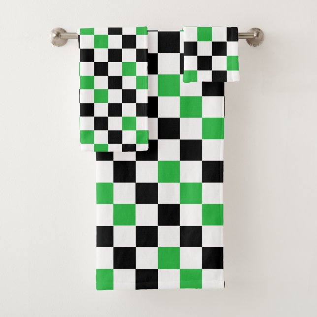 Green Black White Chequered Pattern Design  Bath Towel Set (Insitu)