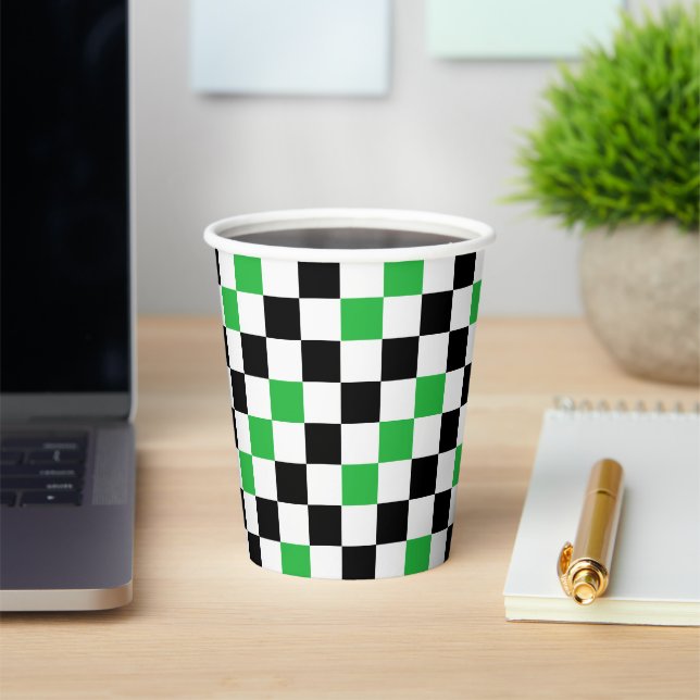 Green Black White Chequered Pattern Design  Paper Cups (Insitu)