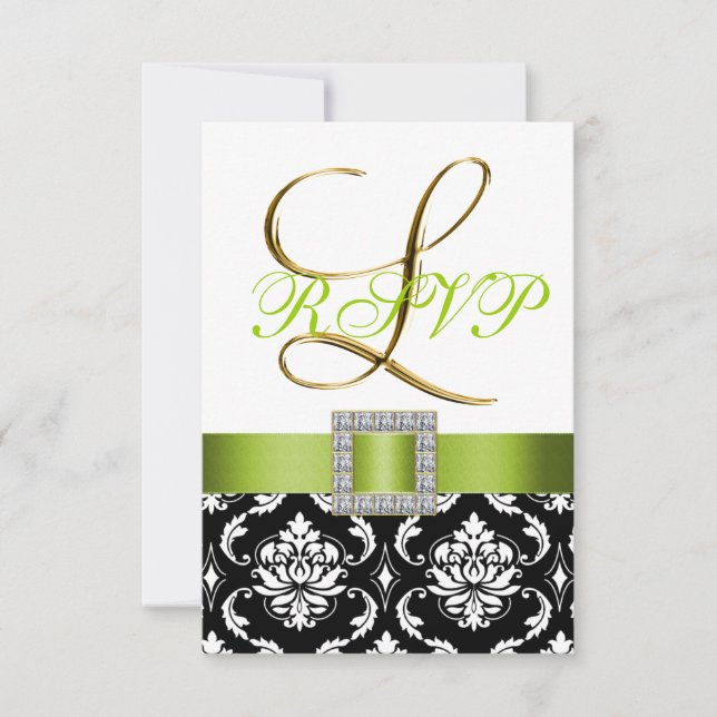 Green Black White Damask Initial L Wedding RSVP Invitation (Front)