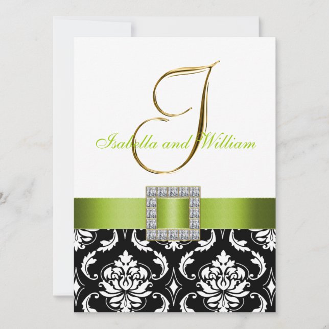 Green Black White Damask Initial Wedding Invite (Front)
