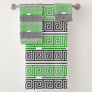 Green Black White Greek Key Fret Pattern Design Bath Towel Set