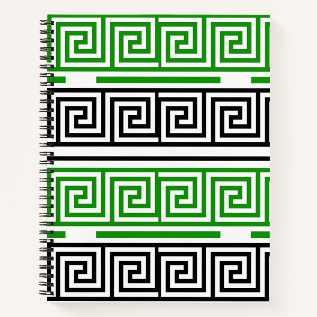 Green Black White Greek Key Fret Pattern Design  Notebook (Front)