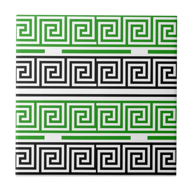 Green Black White Greek Key Fret Pattern Design  Tile (Front)