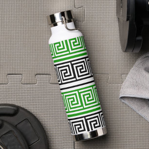 Green Black White Greek Key Fret Pattern Design Water Bottle