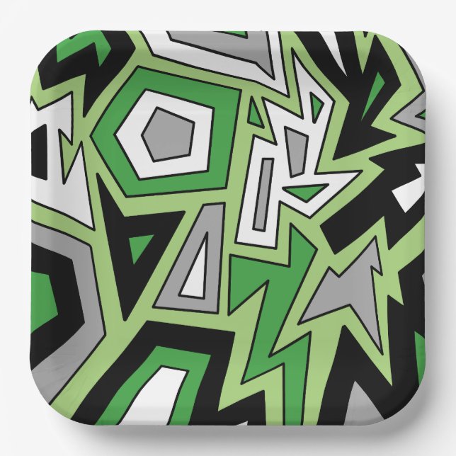 Green Black White Grey Aro Geometric Abstract  Paper Plate (Front)