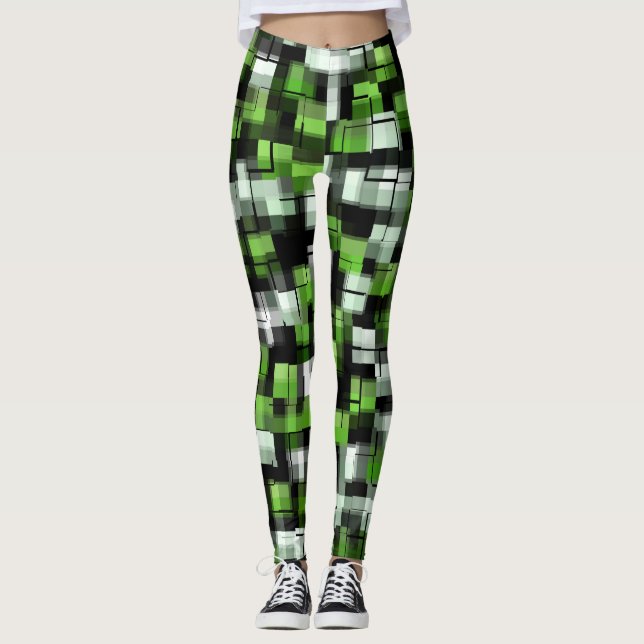 Green Black White Modern Pattern Leggings (Front)