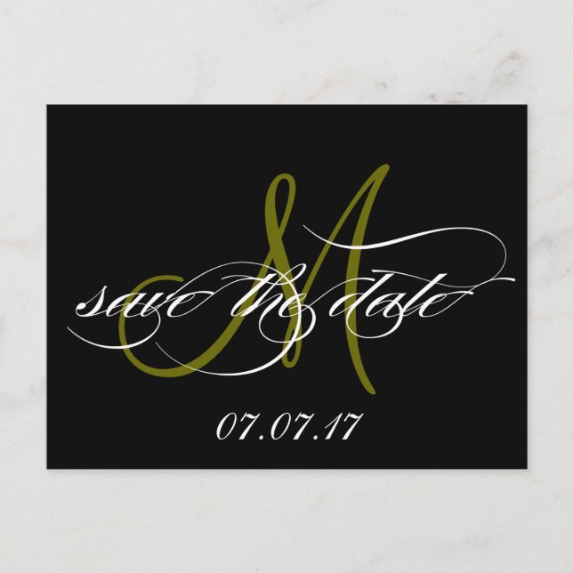 Green Black White Monogram Save the Date Postcards (Front)