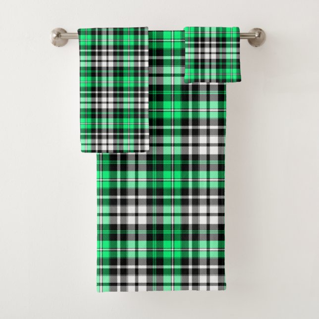 Green Black White Plaid Tartan Pattern Design  Bath Towel Set (Insitu)