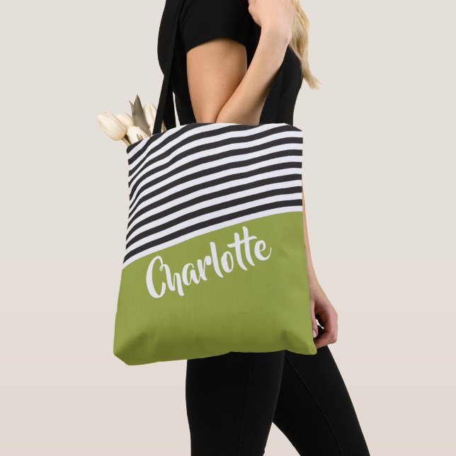 Green Black White Striped Pattern Personalized Tote Bag (Close Up)