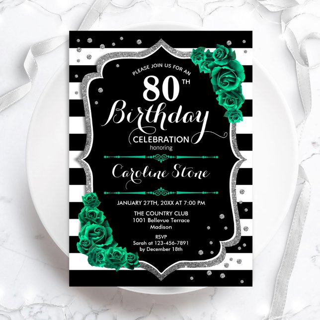 Green Black White Stripes Roses 80th Birthday Invitation (Creator Uploaded)