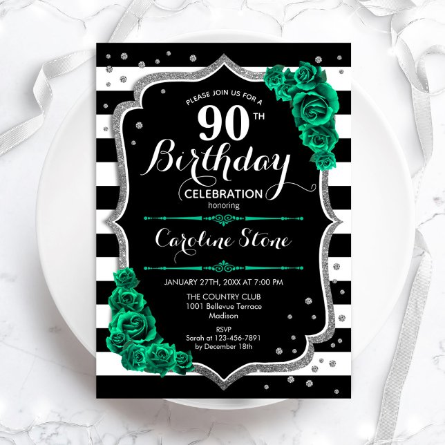 Green Black White Stripes Roses 90th Birthday Invitation (Creator Uploaded)