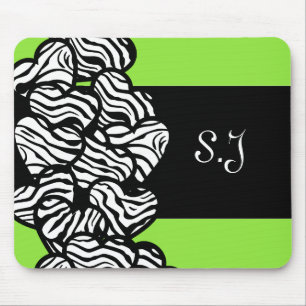 Green black white zebra pattern heart monogram mouse pad