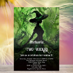 Green Black Witch Two Wicked Girl 2nd Birthday Invitation<br><div class="desc">Painted Wickedly Good Witch Green Black Two Wicked Girl Second Birthday Invitation - This invitation features a green and black painting of a witch in an enchanted forest. On the back it says "A wickedly good birthday awaits". With vintage style font. Customize this editable girl's 2nd birthday party invitation template...</div>