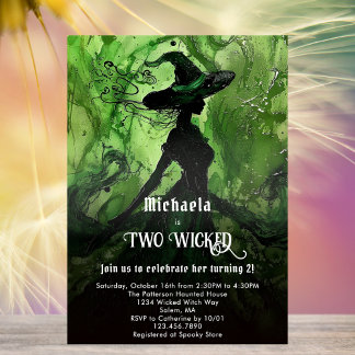 Green Black Witch Two Wicked Girl 2nd Birthday Invitation