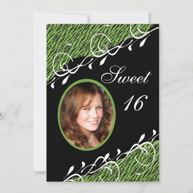Green & Black Zebra Print Sweet 16 Invitation (Front)