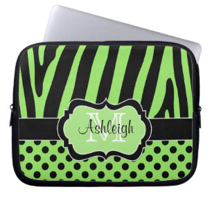 Green Black Zebra Stripes Polka Dots Laptop Case