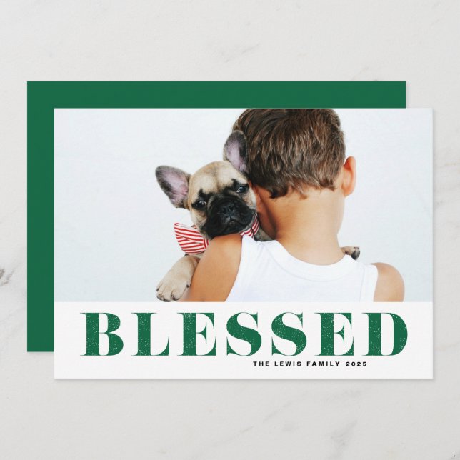 Green Blessed Typography Photo Christmas Holiday Card (Front/Back)