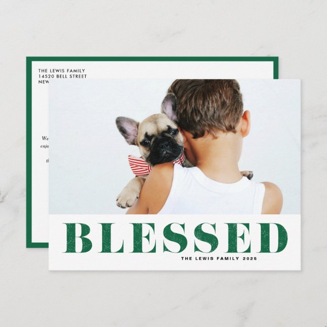 Green Blessed Typography Photo Christmas Holiday Postcard (Front/Back)