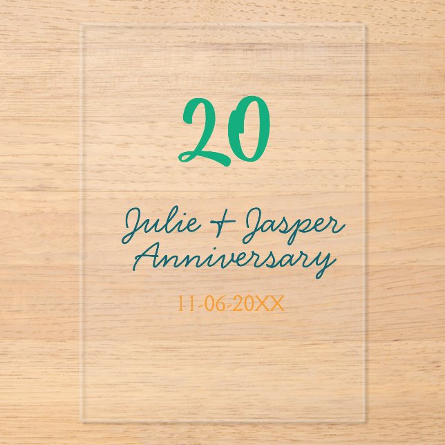 Green blue 20th anniversary name date orange  acrylic invitations (Front)