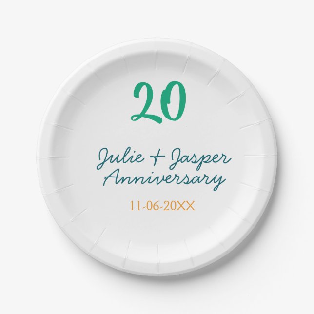 Green blue 20th anniversary name date orange  paper plate (Front)