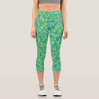 Green Blue Abstract Geometric Pattern Capri Leggings