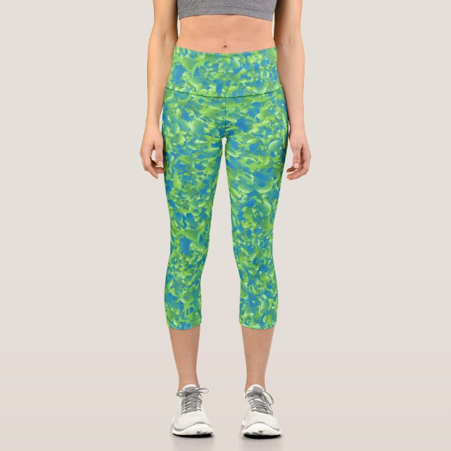Green Blue Abstract Geometric Pattern Capri Leggings (Front)