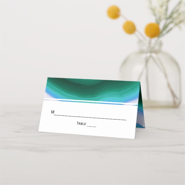 Green blue agate slice geode wedding folded escort place card (Front)
