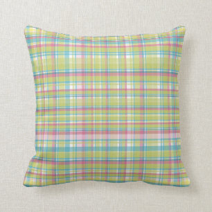 Green, Blue and Pink Plaid Throw Pillow
