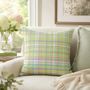 Green, Blue and Pink Plaid Throw Pillow