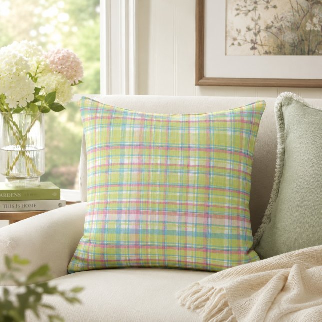 Green, Blue and Pink Plaid Throw Pillow (Creator Uploaded)