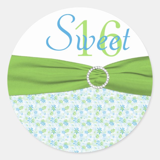 Green, Blue, and White Floral Sweet 16 Sticker (Front)