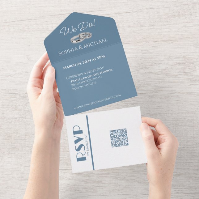 Green Blue and White-Wedding Rings-  All In One Invitation (Tearaway)