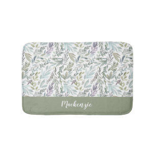 Green Blue Botanical Watercolor Monogram Name Bath Mat