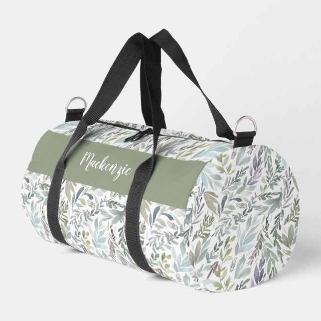 Green Blue Botanical Watercolor Monogram Name Duffle Bag (Left Corner)
