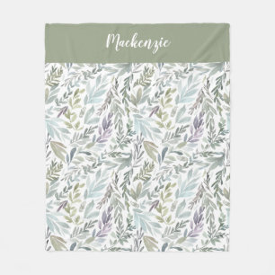 Green Blue Botanical Watercolor Monogram Name Fleece Blanket