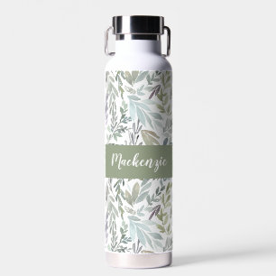Green Blue Botanical Watercolor Monogram Name Water Bottle