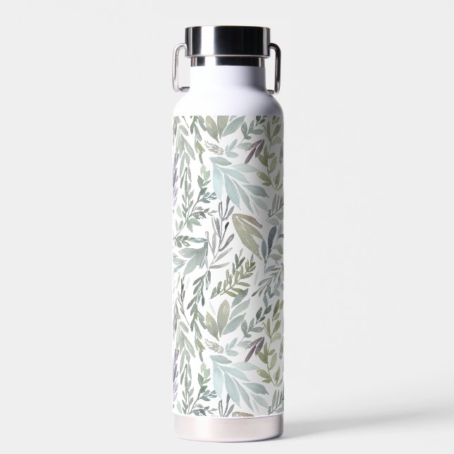 Green Blue Botanical Watercolor Water Bottle (Front)