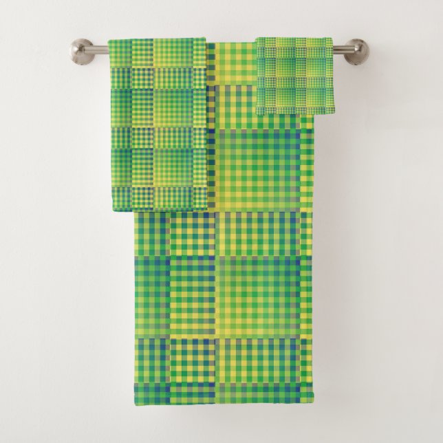 Green Blue Checker Abstract Pattern Bath Towel Set (Insitu)