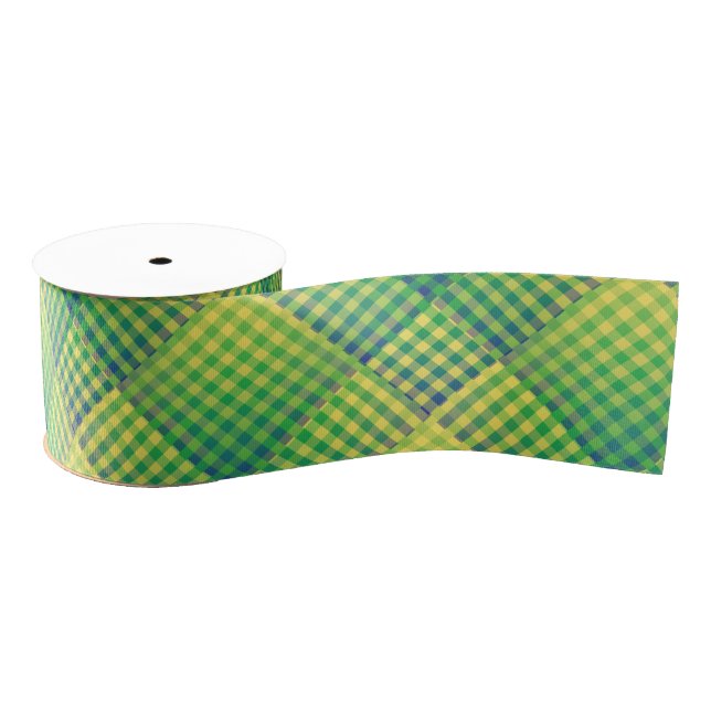 Green Blue Checker Abstract Pattern Grosgrain Ribbon (Spool)