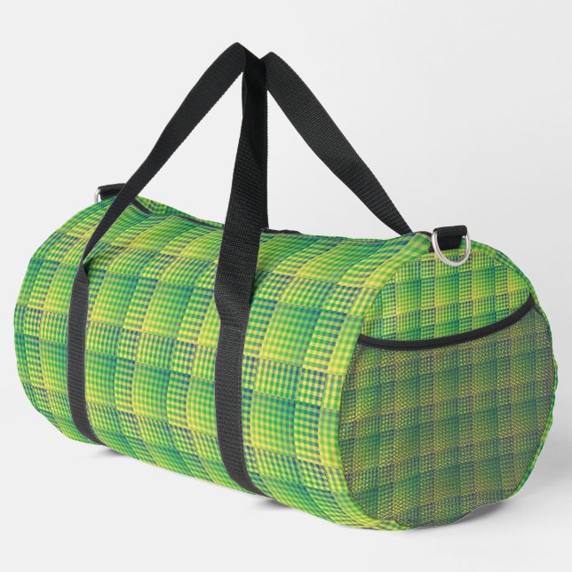 Green Blue Checker Abstract Pattern Large Duffle Bag (Right Corner)