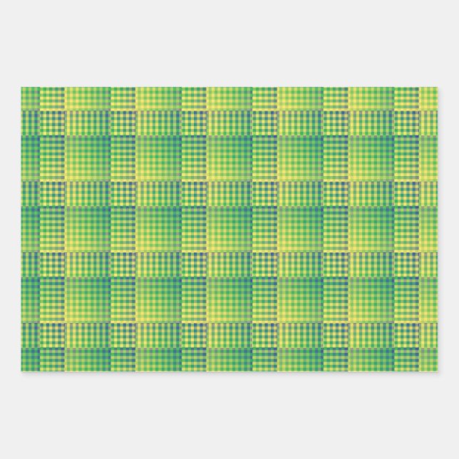 Green Blue Checker Abstract Pattern Wrapping Paper Sheet (Front)